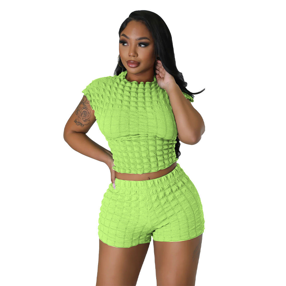 S4R-Women's Clothing Hot Sleeveless Midriff-baring Shorts Popcorn Bubble Two-piece Set