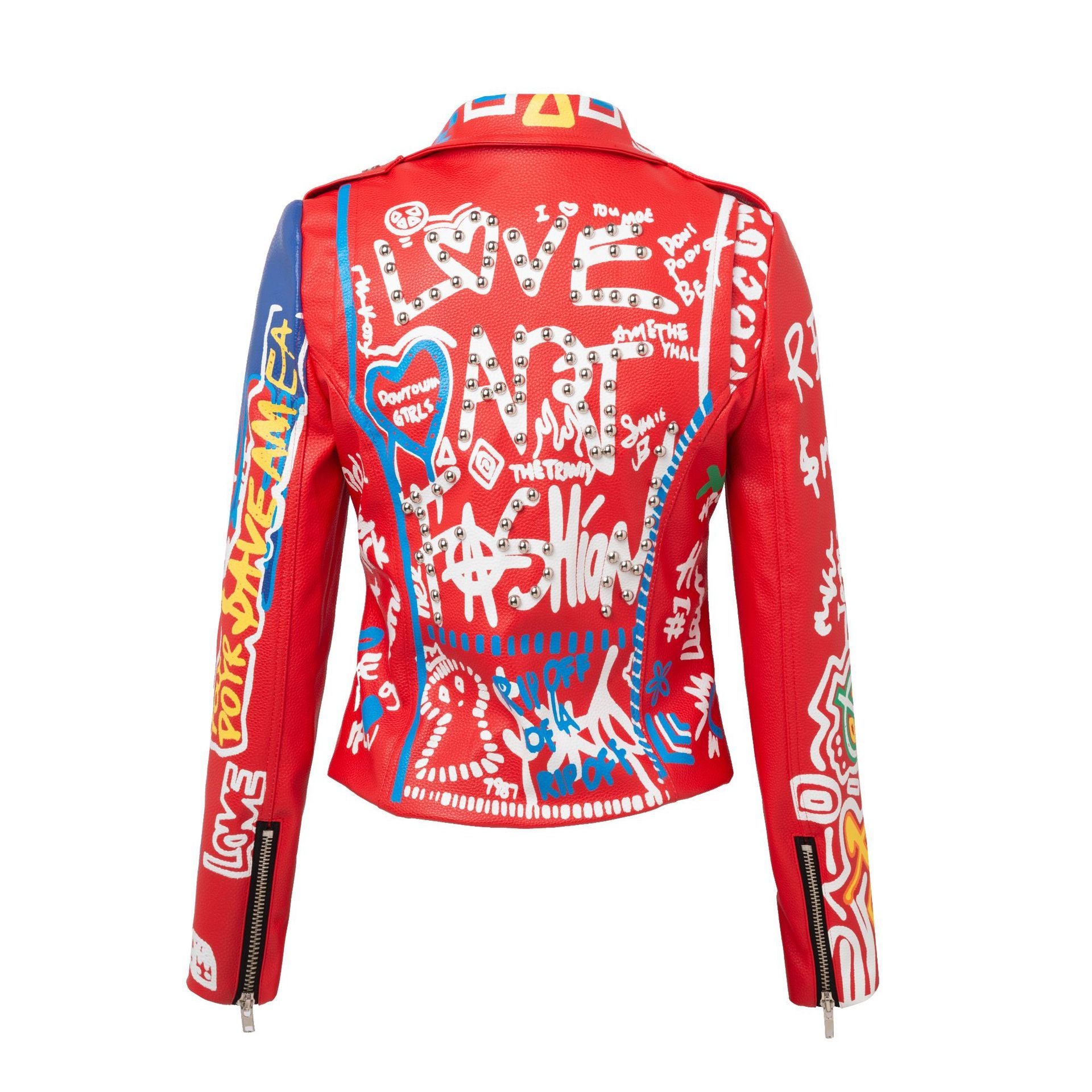 S4R-Lapel Slim Motorcycle Long Sleeve Graffiti Belt Red Leather Women