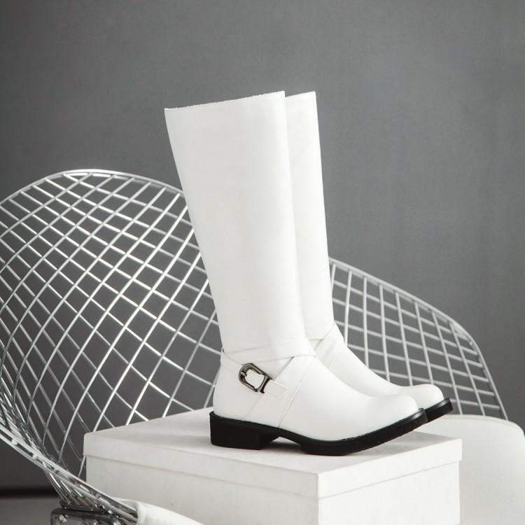 S4R-Womens Boots Shoes Flat Knee High Pu Leather Buckle Riding Calf