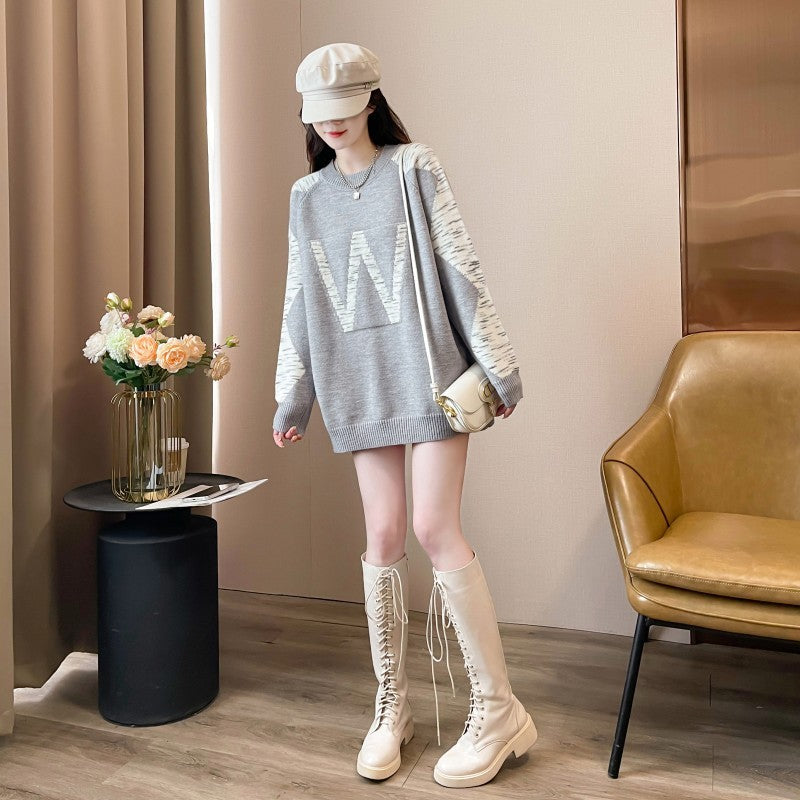 S4R-Contrast Color Letter Jacquard Crew Neck Pullover Sweater Women