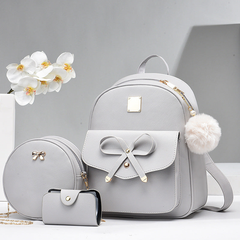 S4R-Fashion Women's Bags PU Bow Composite Bag Young Girl Student Cute Shoulders Backpack Crossbody Bags Coin Purse 3pcs Set