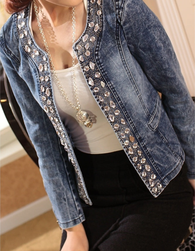 S4R-Spot stretch denim jacket rhinestone sequins retro short coat denim jacket denim jacket