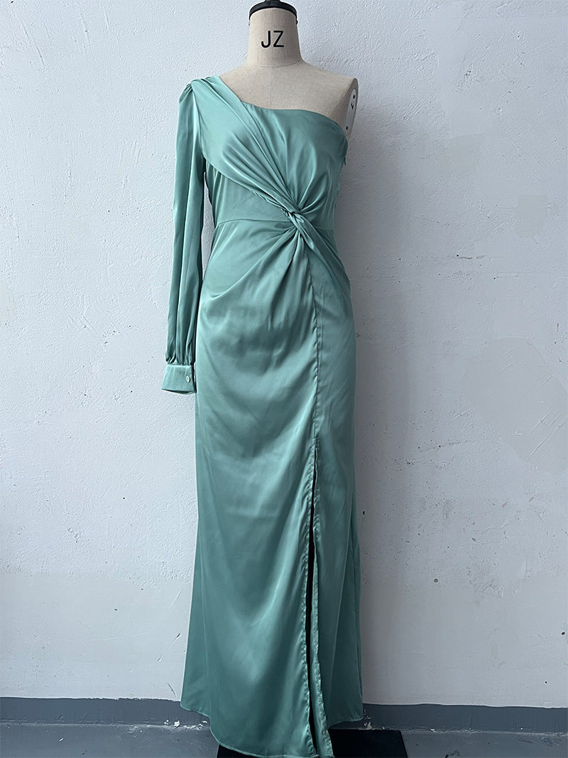 S4R-Women's One-shoulder Split Dress Ins Fashion Long-sleeved Slim Long Dresses Party Evening Clothing
