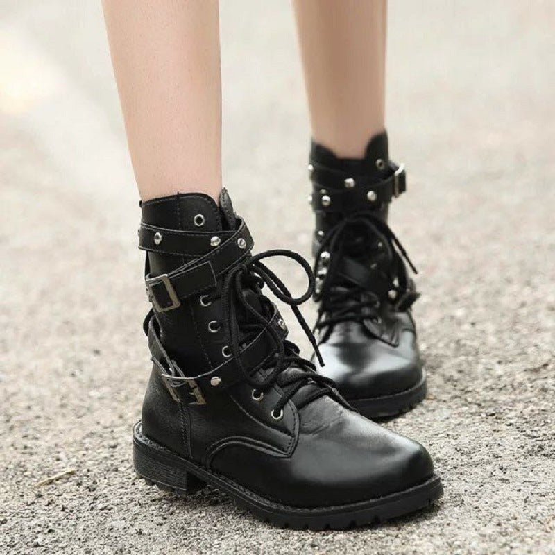 S4R-Martin Boots, Motorcycle Boots, Middle Heel Boots, Women's Army Boots