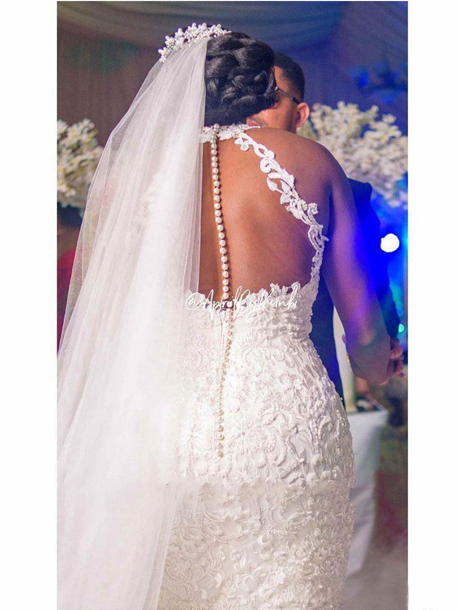 S4R-Vintage Lace Beaded Wedding Dresses Sheer Neck Mermaid Bridal Dresses Wedding Gowns