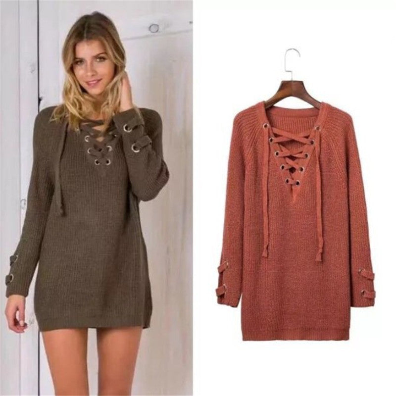 S4R-Women Sweater woman Sweaters V Neck Mesh Lace Up Sweater Striped Bandage Cross Links Tops Casual Loose Jumper