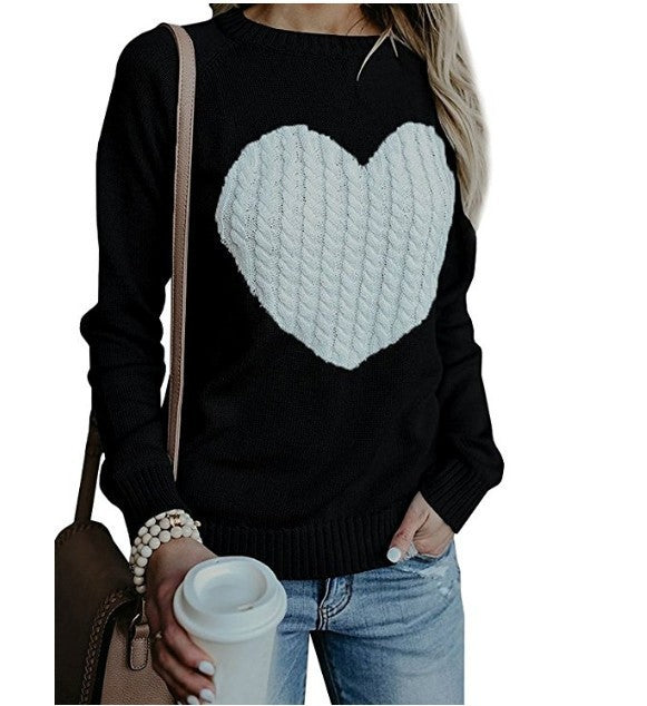 S4R-Autumn Winter Women Sweaters Heart Pattern Printed Long Sleeve Tops O-Neck Lovely Pullovers Knitted Loose Sweaters Tops
