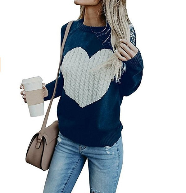 S4R-Autumn Winter Women Sweaters Heart Pattern Printed Long Sleeve Tops O-Neck Lovely Pullovers Knitted Loose Sweaters Tops