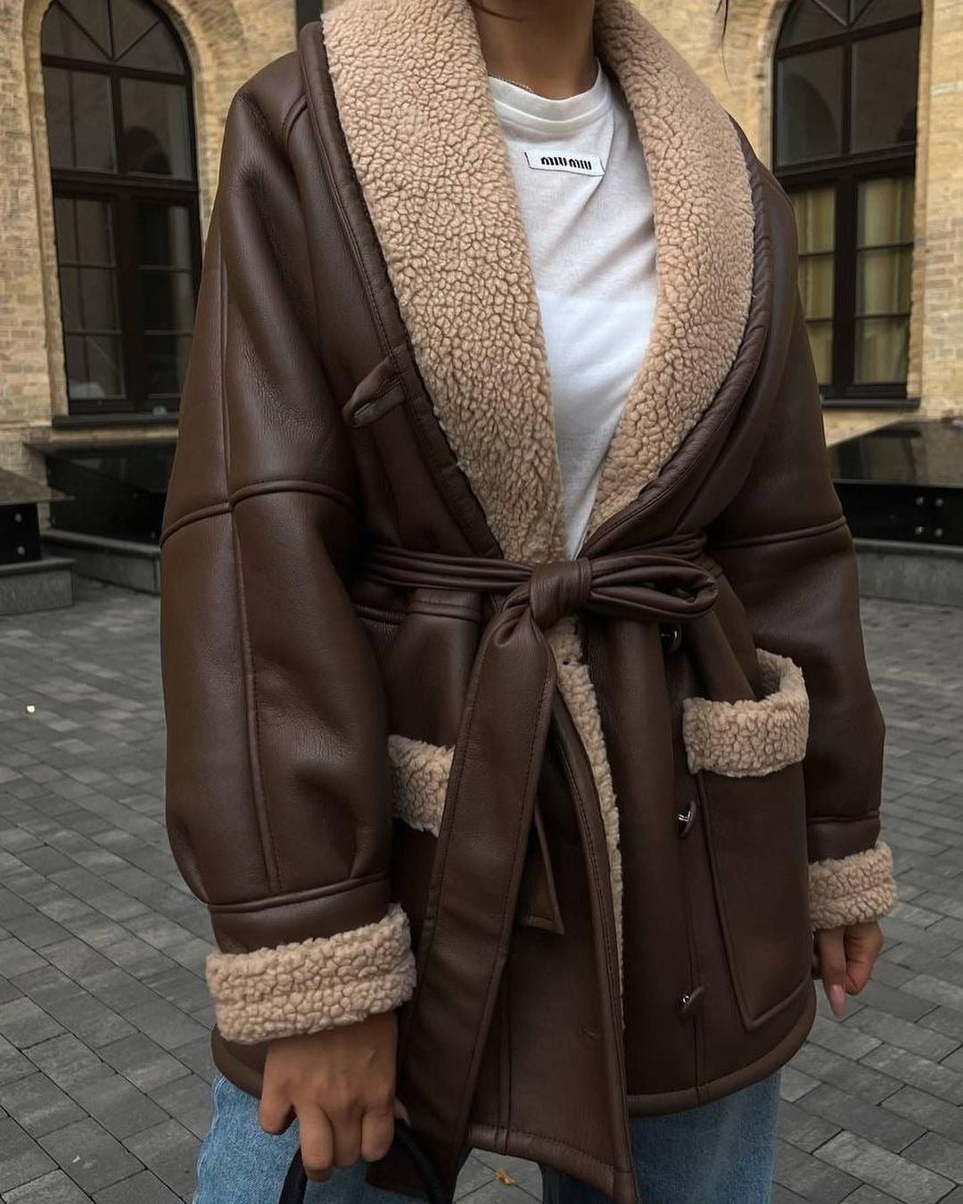 S4R-Leather And Fur Korean Style Long Sleeve Splicing Coat Women