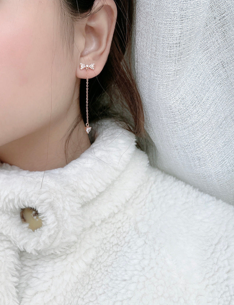 S4R-Sterling Silver Bowknot Tassel Simple Stud Earrings