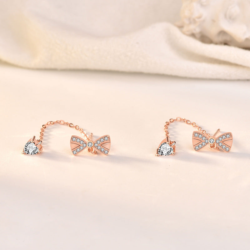 S4R-Sterling Silver Bowknot Tassel Simple Stud Earrings