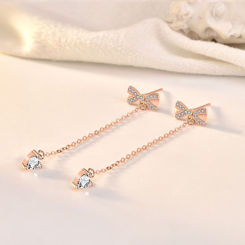 S4R-Sterling Silver Bowknot Tassel Simple Stud Earrings