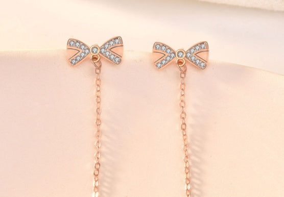 S4R-Sterling Silver Bowknot Tassel Simple Stud Earrings