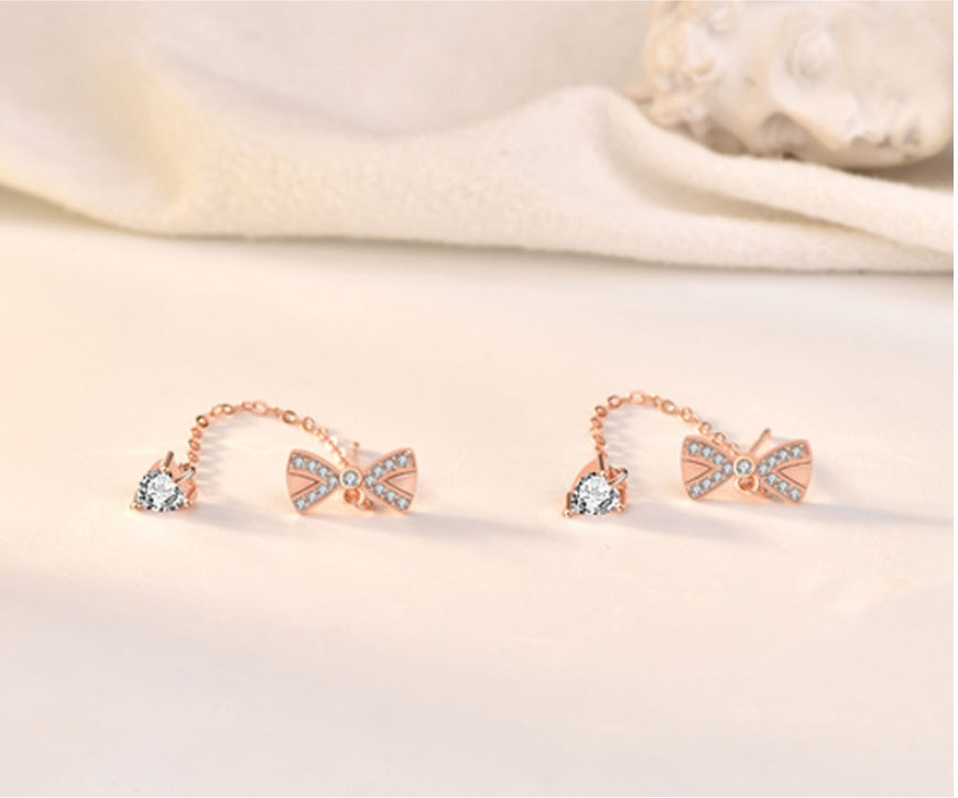 S4R-Sterling Silver Bowknot Tassel Simple Stud Earrings