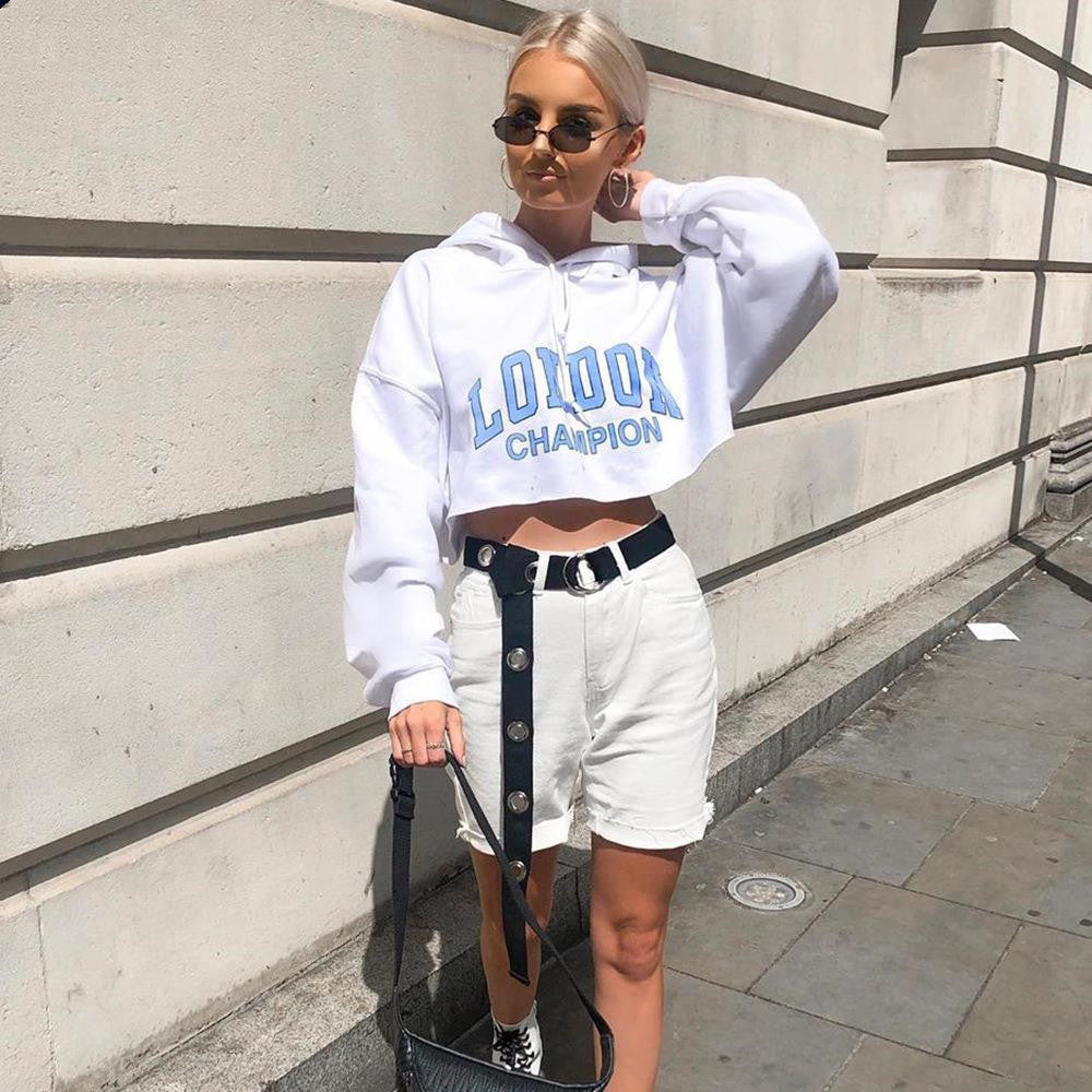 S4R-Long Sleeve Short Sweatshirt Blue Letter White Hooded Cropped Hoodies