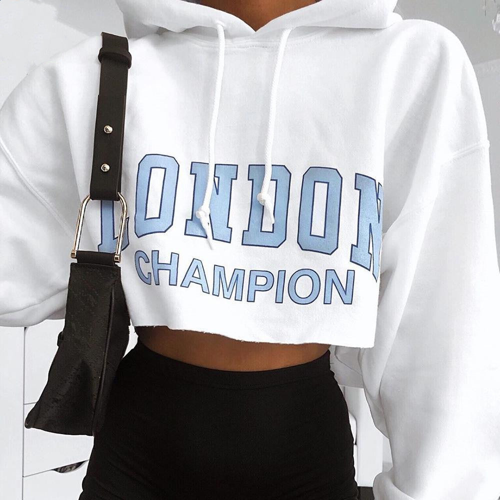 S4R-Long Sleeve Short Sweatshirt Blue Letter White Hooded Cropped Hoodies