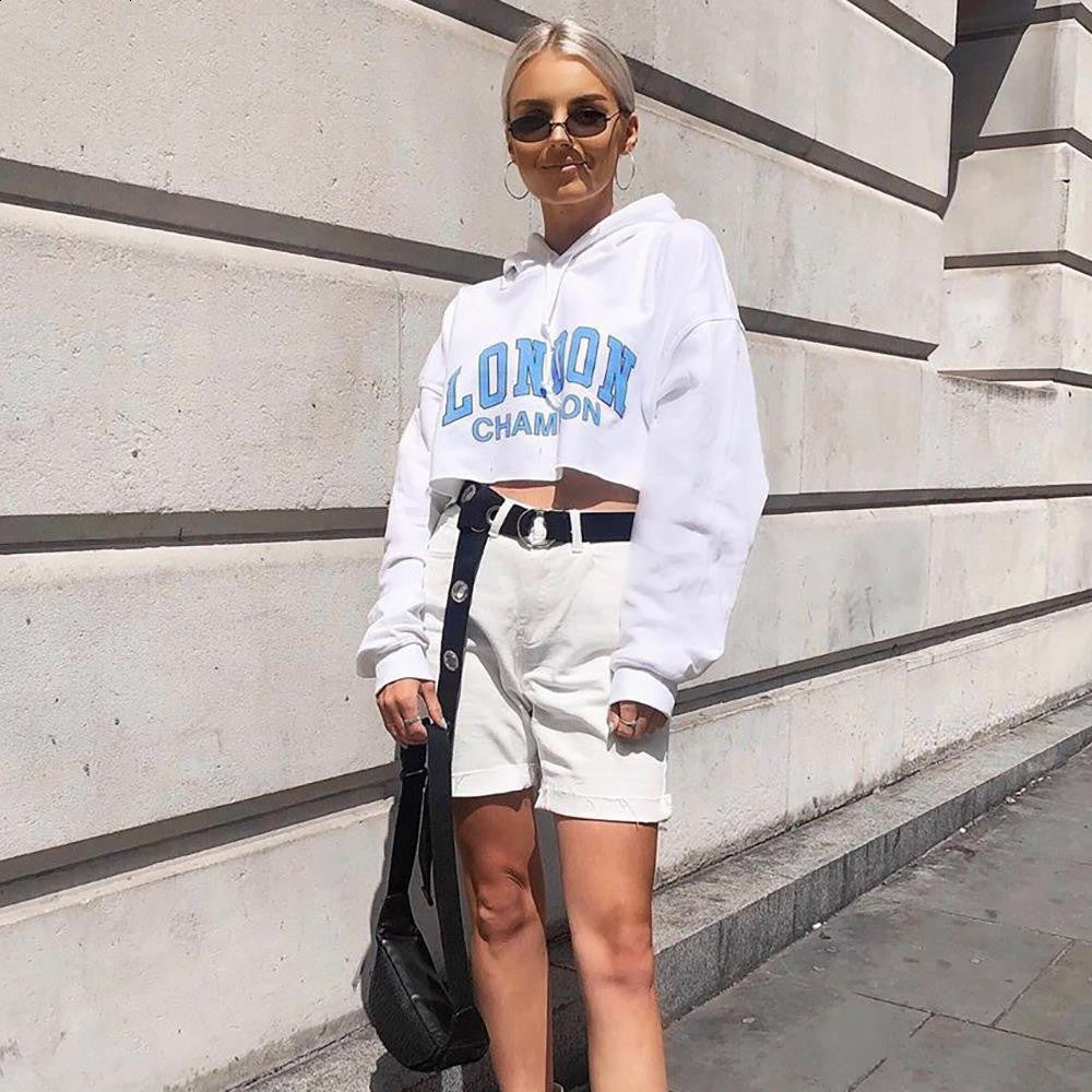 S4R-Long Sleeve Short Sweatshirt Blue Letter White Hooded Cropped Hoodies