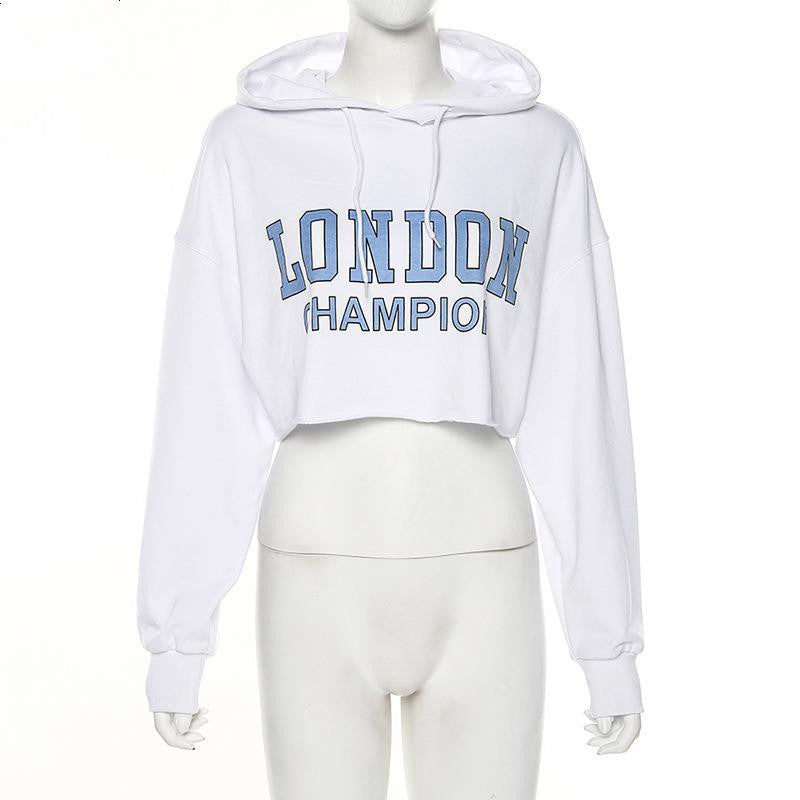 S4R-Long Sleeve Short Sweatshirt Blue Letter White Hooded Cropped Hoodies