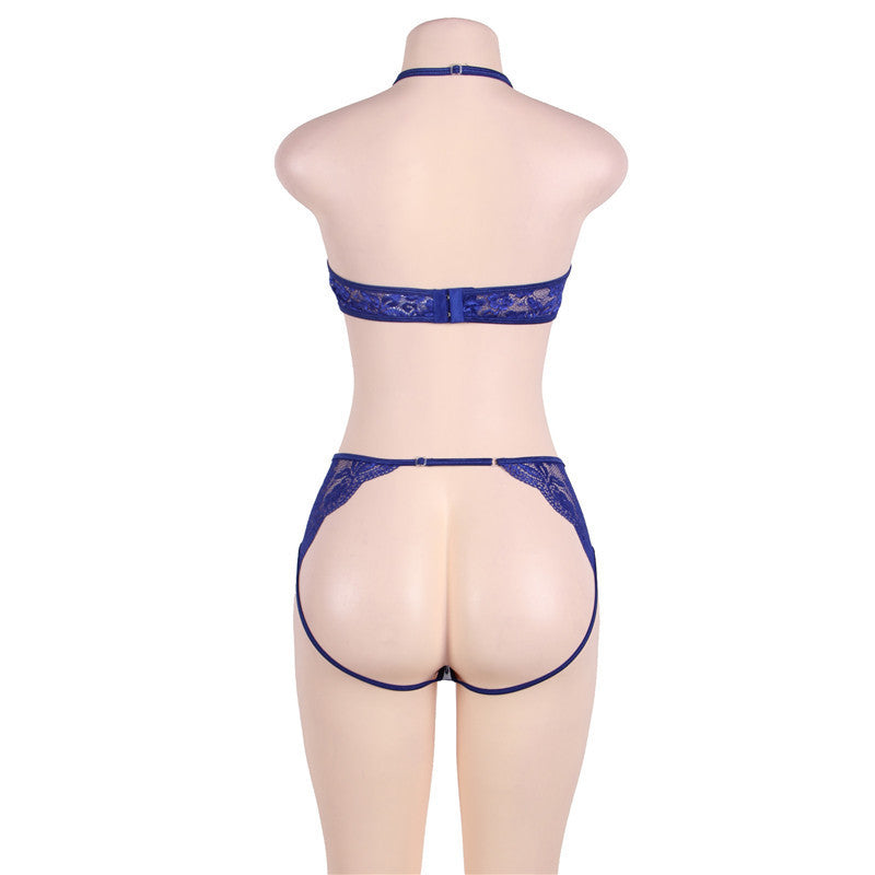 S4R-Comeondear Lingerie Lace Sexy Bra Set Transparent Bra Party Set Blue Halter Komplet Bielizny Womens Underwear Set R80443