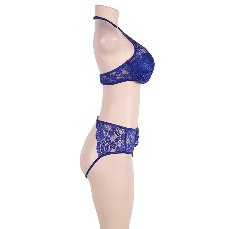 S4R-Comeondear Lingerie Lace Sexy Bra Set Transparent Bra Party Set Blue Halter Komplet Bielizny Womens Underwear Set R80443