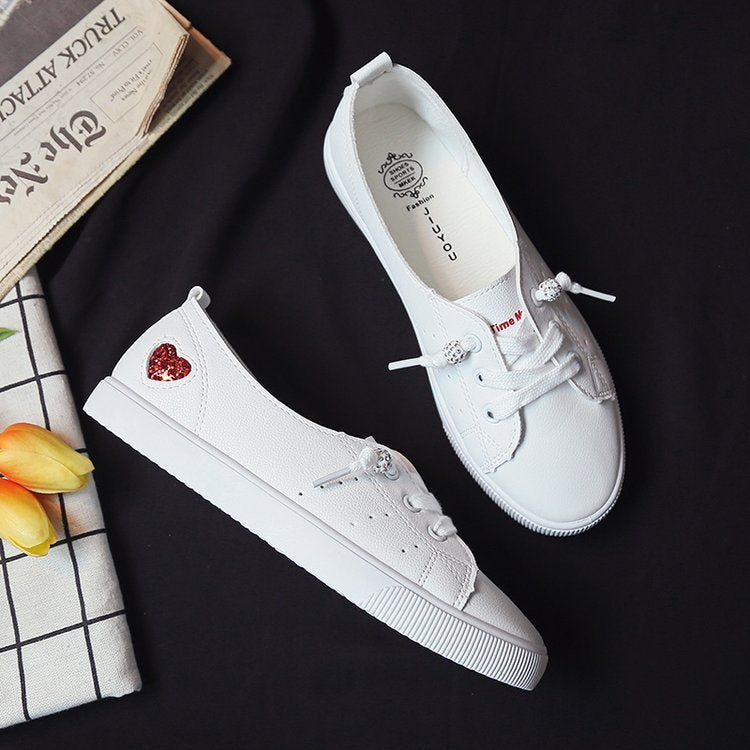 Womens Flat Sneakers Shoes Slip On Lace Up White Heart Cute