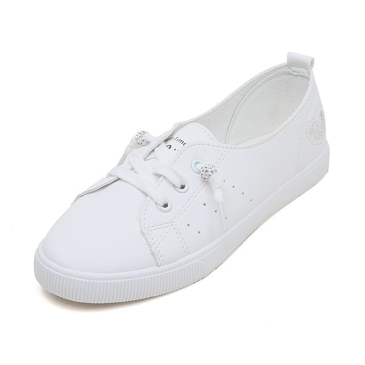 Womens Flat Sneakers Shoes Slip On Lace Up White Heart Cute