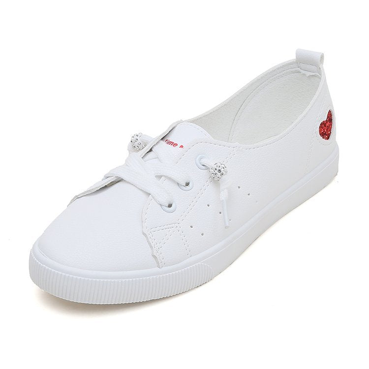Womens Flat Sneakers Shoes Slip On Lace Up White Heart Cute