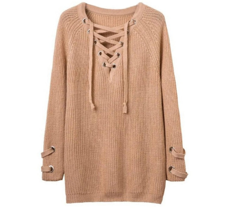 S4R-Women Sweater woman Sweaters V Neck Mesh Lace Up Sweater Striped Bandage Cross Links Tops Casual Loose Jumper
