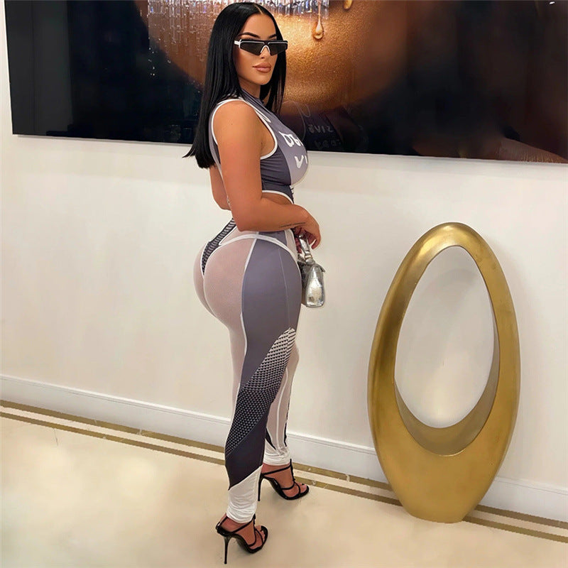 S4R-Hollow Printed Jumpsuit Mesh Stitching Casual Trousers Suit