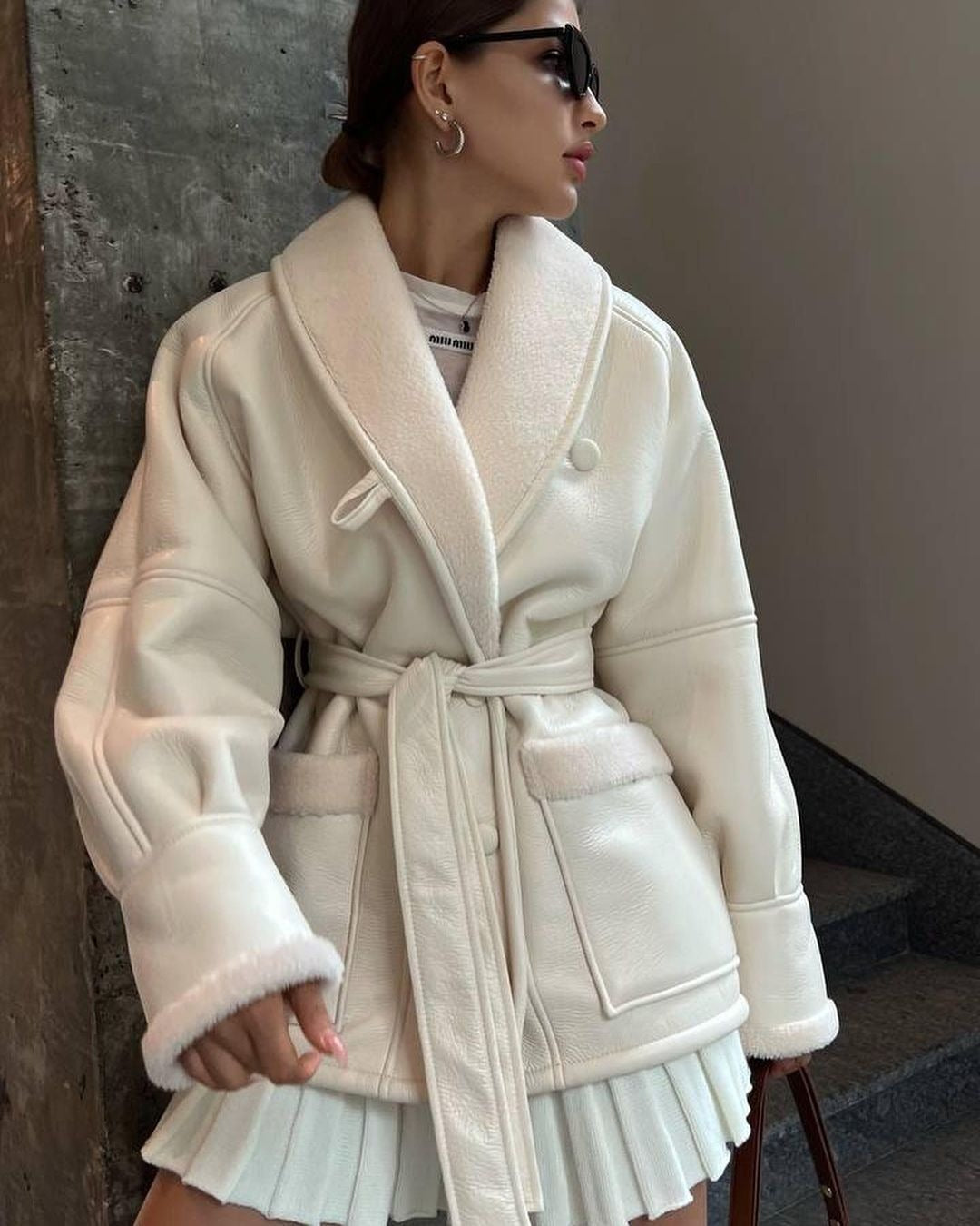 S4R-Leather And Fur Korean Style Long Sleeve Splicing Coat Women