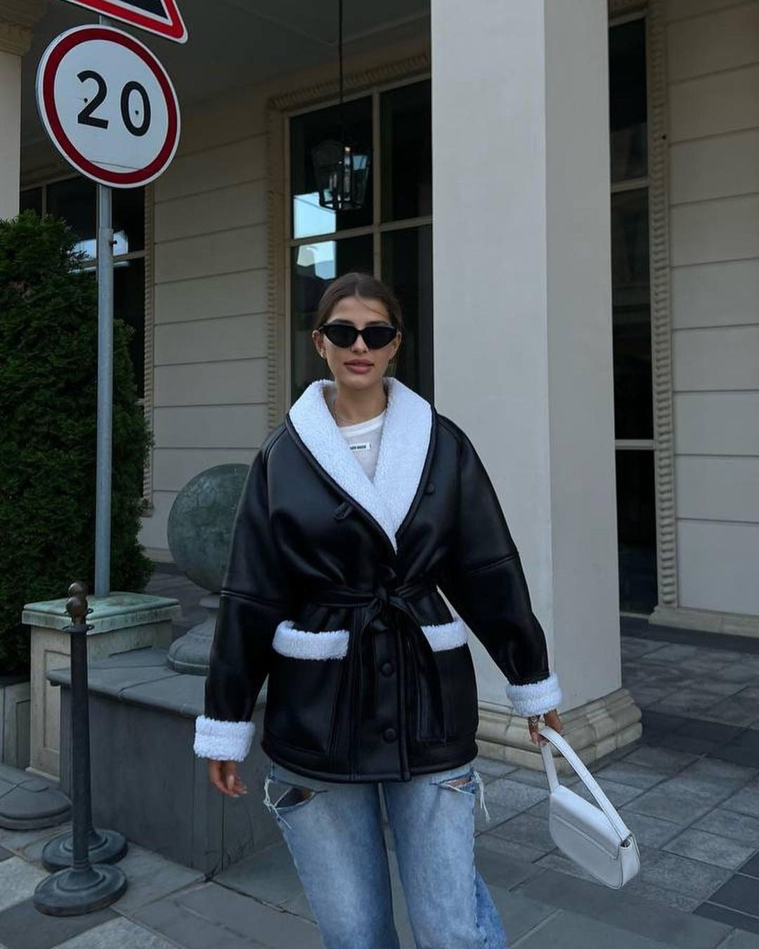 S4R-Leather And Fur Korean Style Long Sleeve Splicing Coat Women