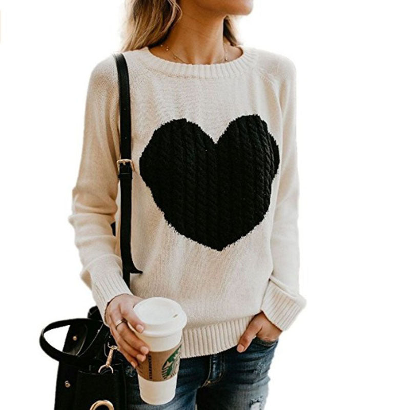 S4R-Autumn Winter Women Sweaters Heart Pattern Printed Long Sleeve Tops O-Neck Lovely Pullovers Knitted Loose Sweaters Tops