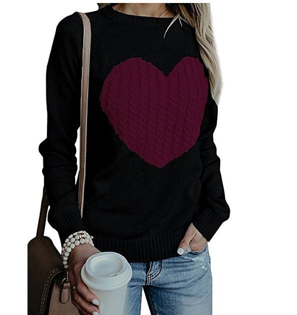S4R-Autumn Winter Women Sweaters Heart Pattern Printed Long Sleeve Tops O-Neck Lovely Pullovers Knitted Loose Sweaters Tops