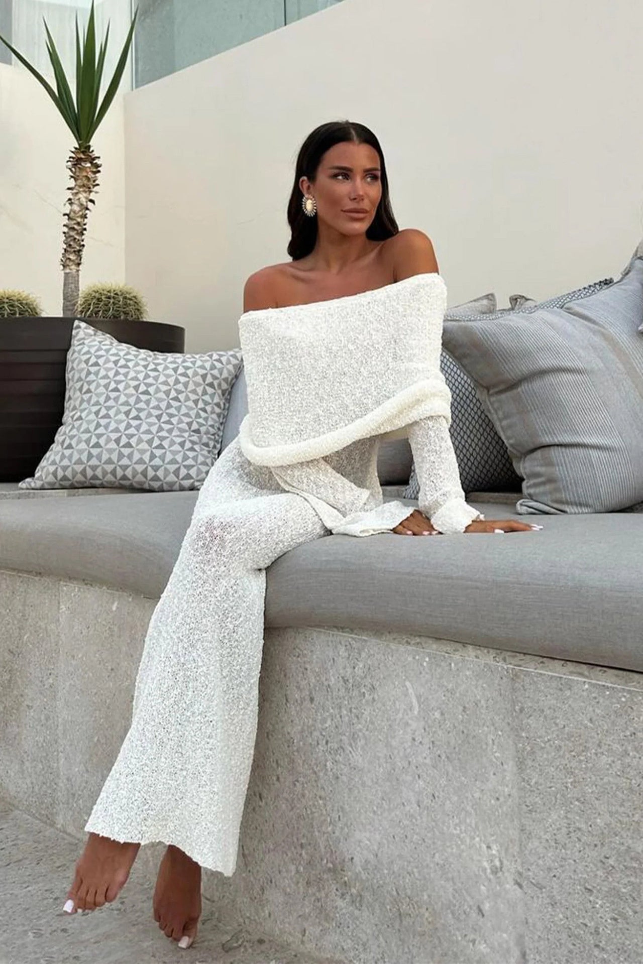 French-style One-shoulder Knitted Dress Fashion Party Beach Long-sleeved Long Dresses Fall Winter Women's Clothing