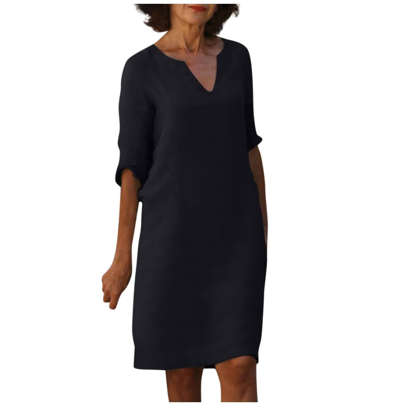 S4R-Cotton And Linen V-neck Dress Summer Stitching Retro High Waist Pure Color Dresses