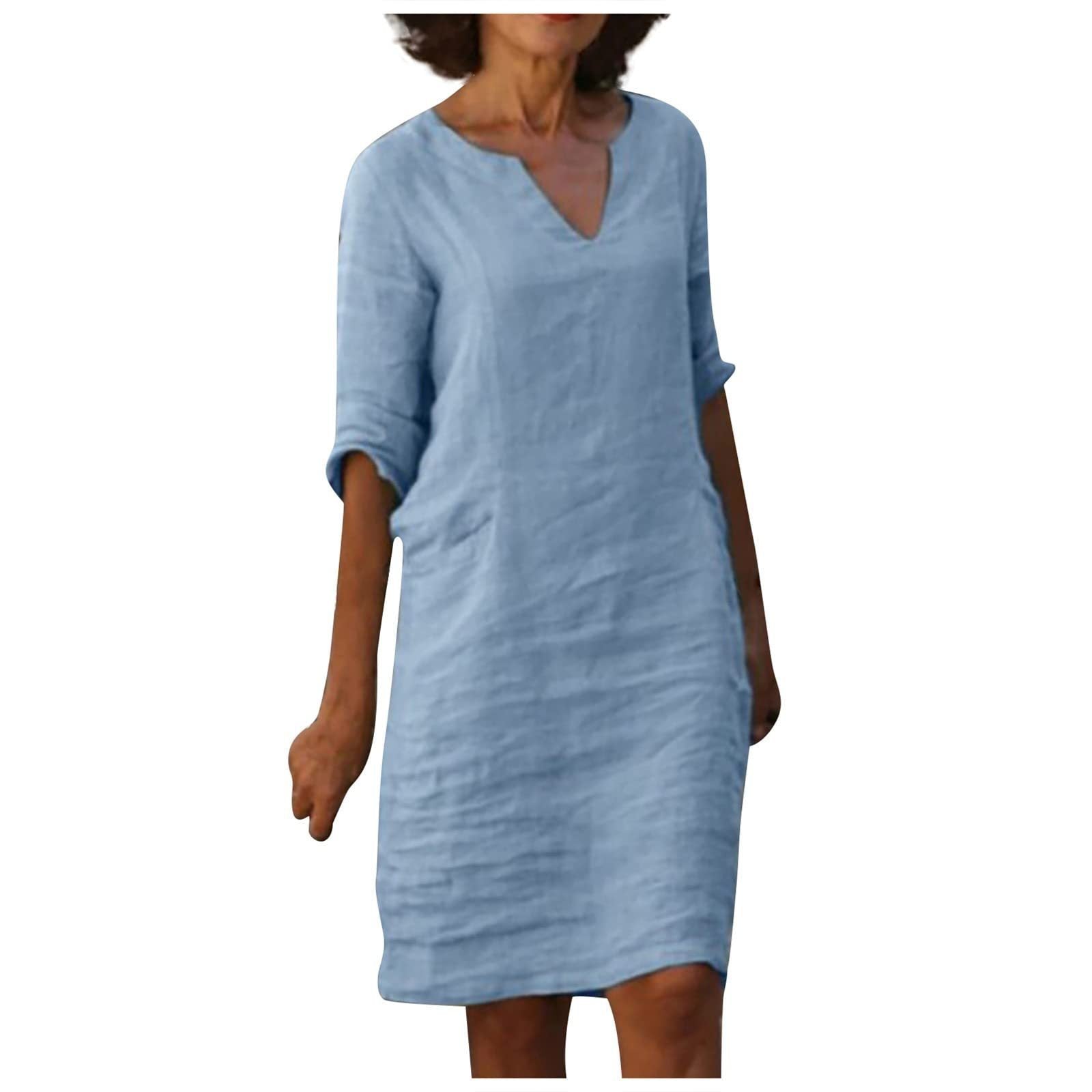 S4R-Cotton And Linen V-neck Dress Summer Stitching Retro High Waist Pure Color Dresses