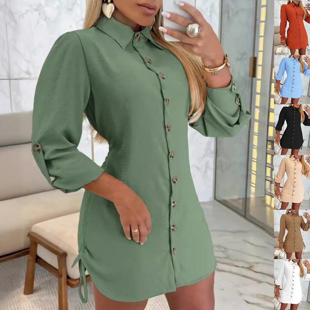 S4R-Lapel Button Dress With Drawstring Design Fashion Solid Color Long Sleeve Shirt Dresses Women's Clothing