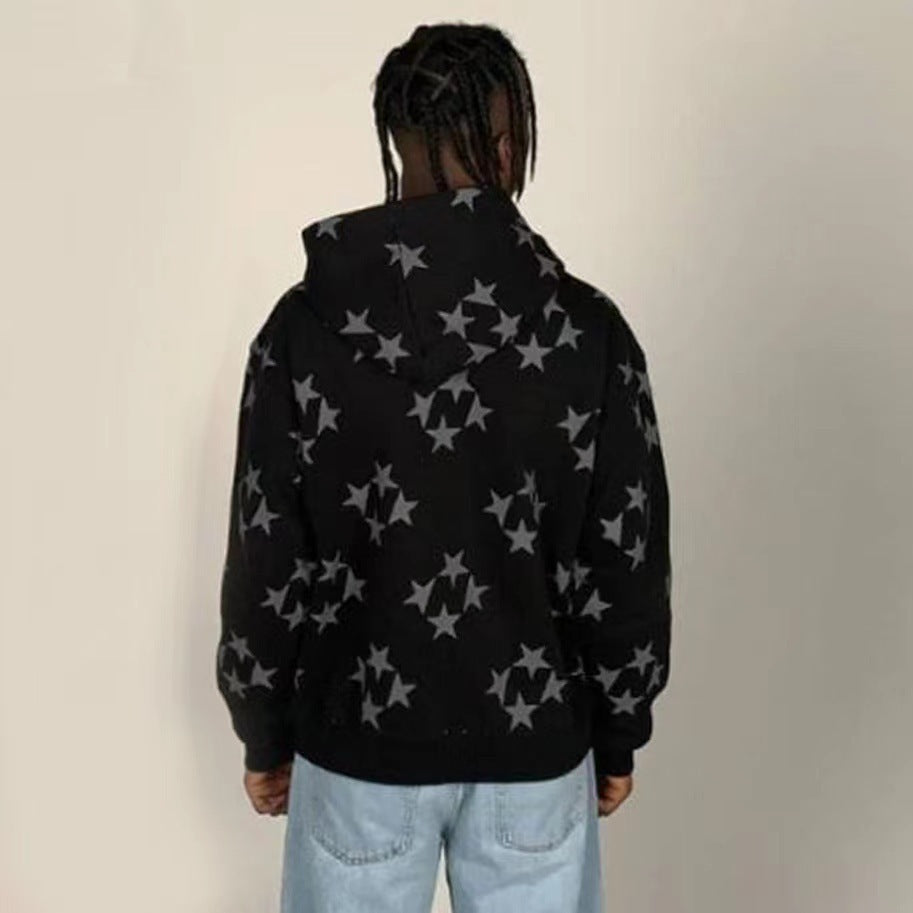 Stars Printed Zipper Hooded Cardigan Couple Fashion Outerwear Hoodies Sweatshirt Street Women Coat