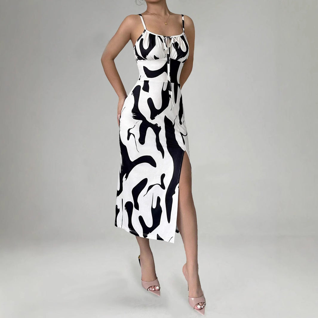 S4R-Summer Printed Suspender Split Dress Fashion Slim Lace-up Long Dresses For Women Clothing