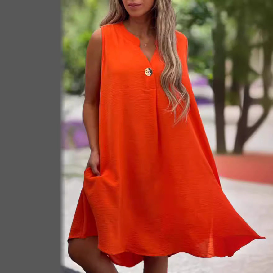 S4R-Summer V-neck Sleeveless Dress With Button Decoration Solid Color Casual Loose Straight Dresses Womens Clothing