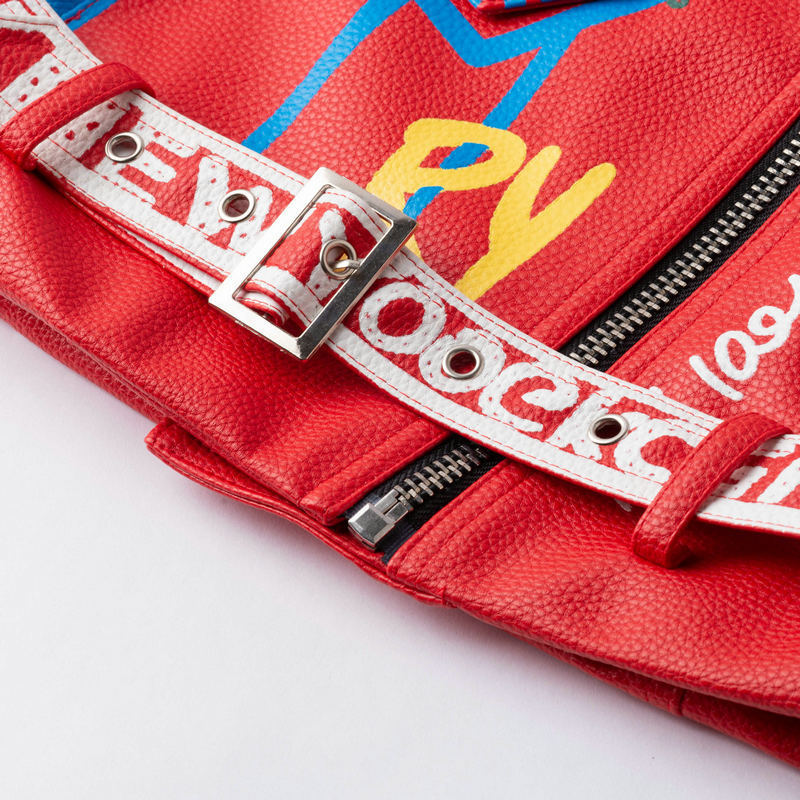 S4R-Lapel Slim Motorcycle Long Sleeve Graffiti Belt Red Leather Women