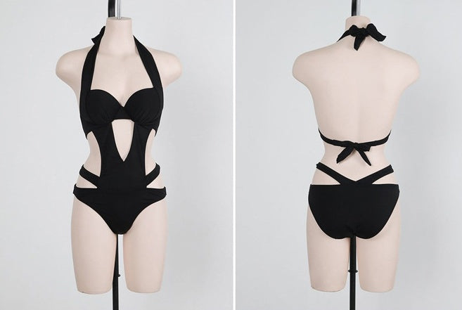 S4R-Sexy Black Halter Cut Out Bandage Trikini Swim Bathing Suit Monokini Push Up Brazilian Swimwear Women One Piece Swimsuit