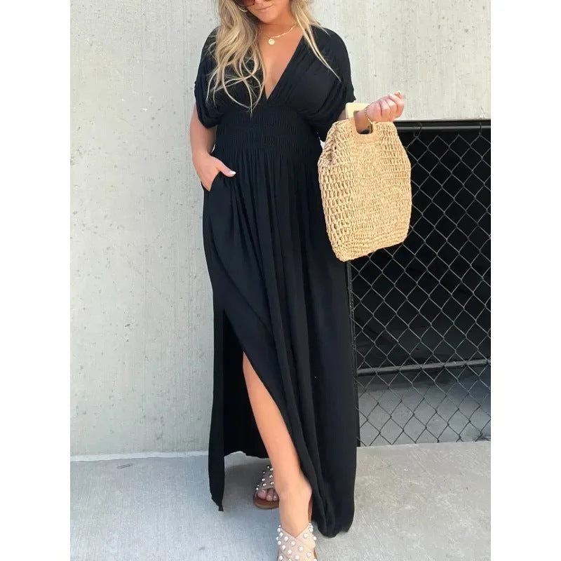 S4R-Fashion Bat-sleeved V-neck Slit Dress Summer Short Sleeve Elastic Waist Long Dresses Womens Clothing
