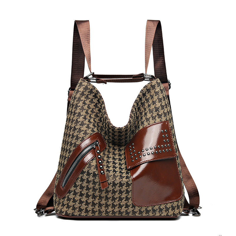 S4R-Houndstooth Backpack Women Fashion Rivet Design Leopard Shoulder Bags