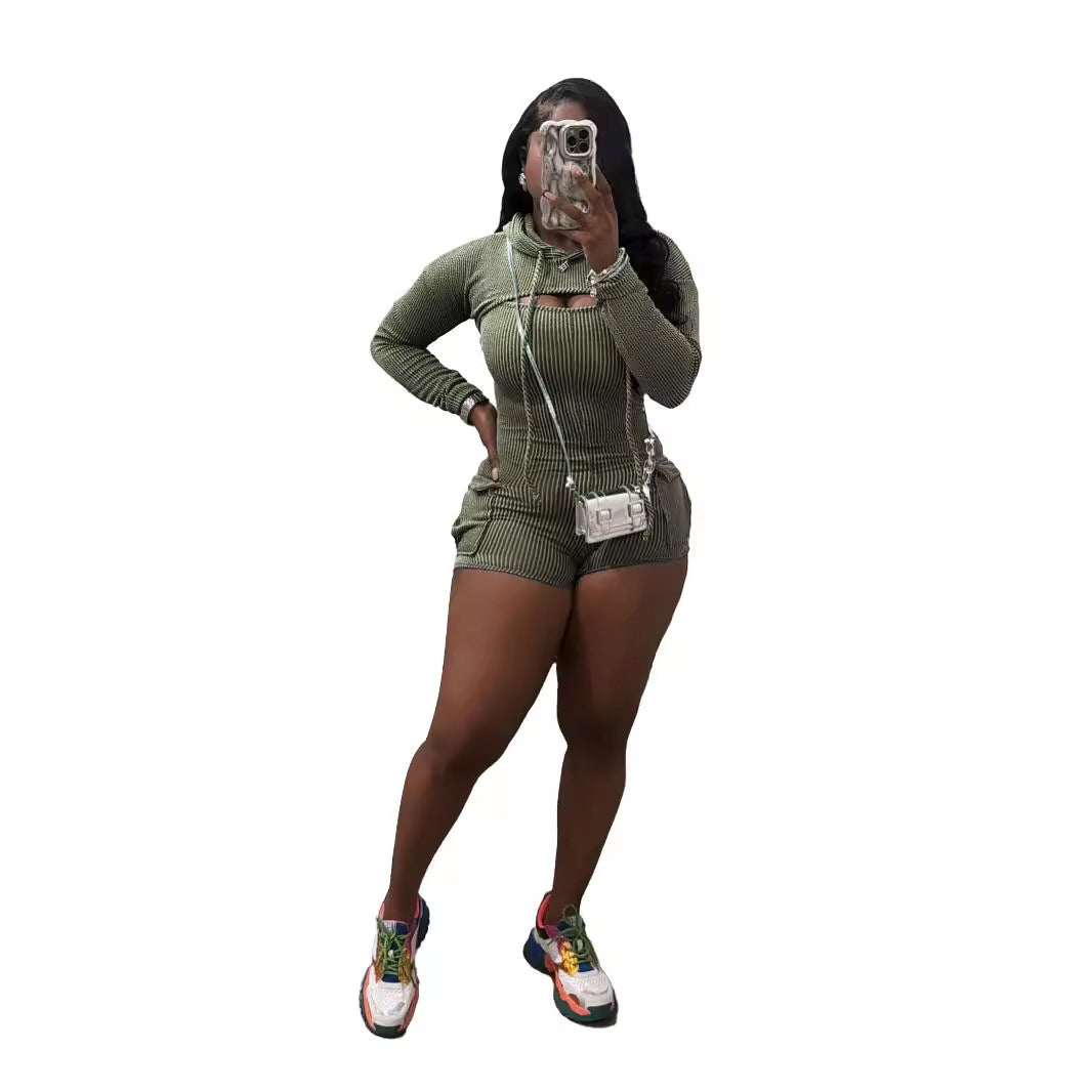 S4R-Women's Wear Long Sleeve Hooded Solid Color Suspender Tight One-piece Shorts Two-piece Set