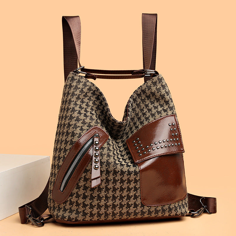 S4R-Houndstooth Backpack Women Fashion Rivet Design Leopard Shoulder Bags