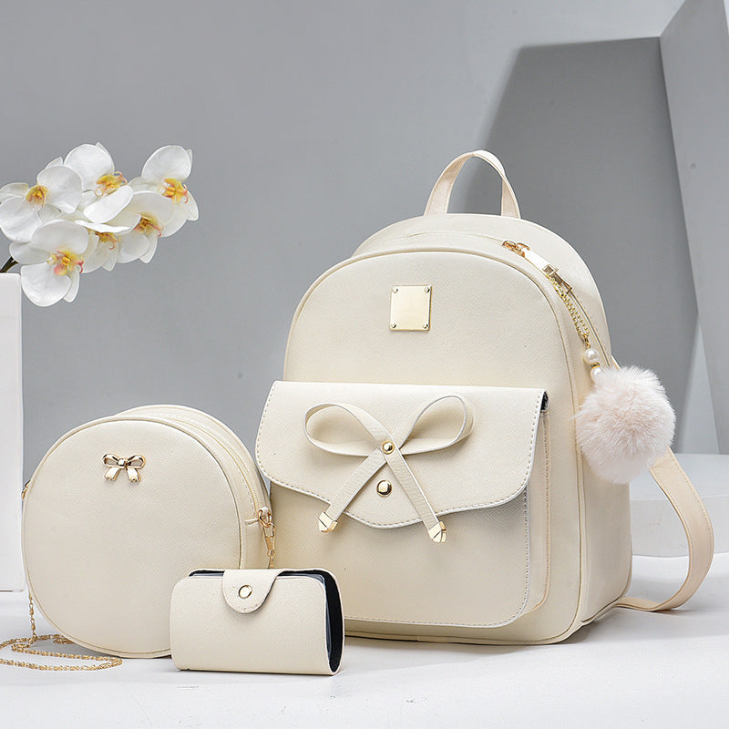 S4R-Fashion Women's Bags PU Bow Composite Bag Young Girl Student Cute Shoulders Backpack Crossbody Bags Coin Purse 3pcs Set