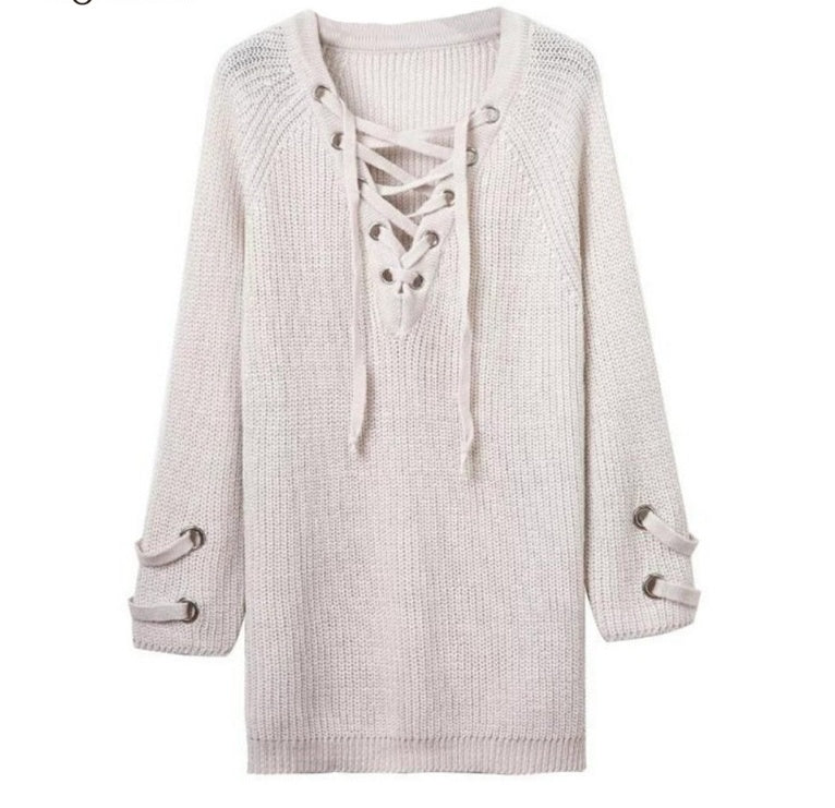 S4R-Women Sweater woman Sweaters V Neck Mesh Lace Up Sweater Striped Bandage Cross Links Tops Casual Loose Jumper