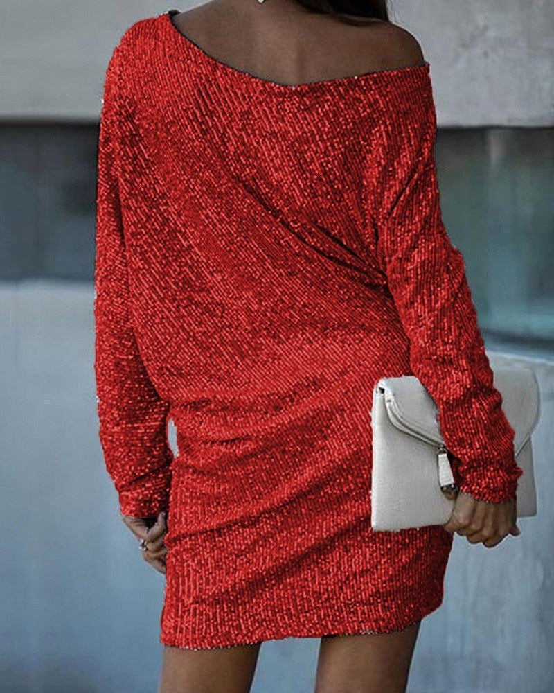 S4R-Fashion Oblique Shoulder Sequins Dress Ins Long-sleeved Dresses For Party Women's Clothing
