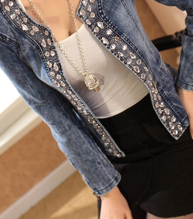 S4R-Spot stretch denim jacket rhinestone sequins retro short coat denim jacket denim jacket